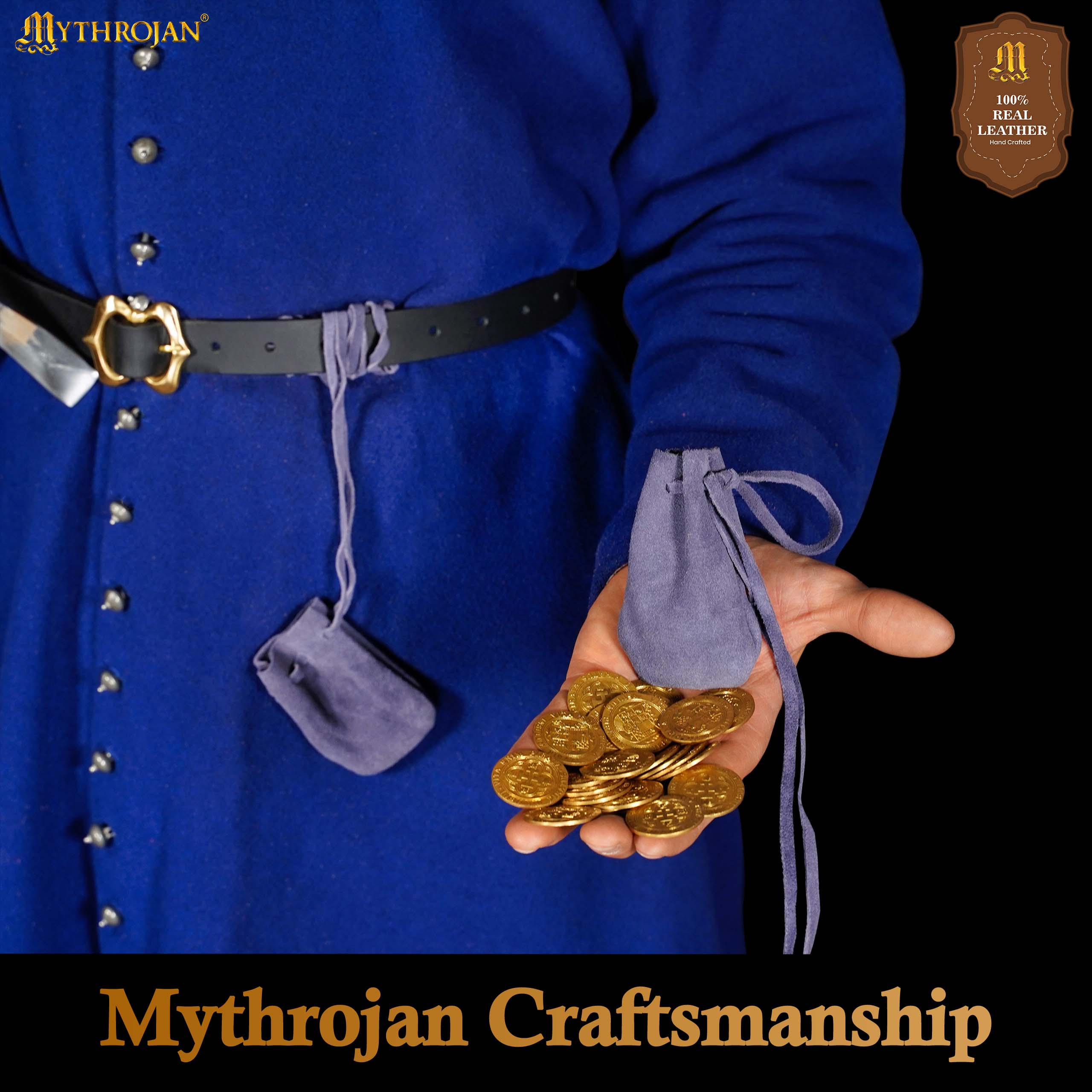 Mythrojan Pair of Medieval Drawstring Pouches, Ideal for SCA LARP Reenactment &amp; Ren fair - Suede Leather, Dark Blue