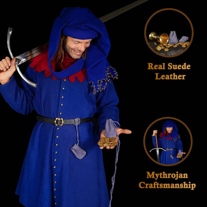 Mythrojan Pair of Medieval Drawstring Pouches, Ideal for SCA LARP Reenactment &amp; Ren fair - Suede Leather, Dark Blue