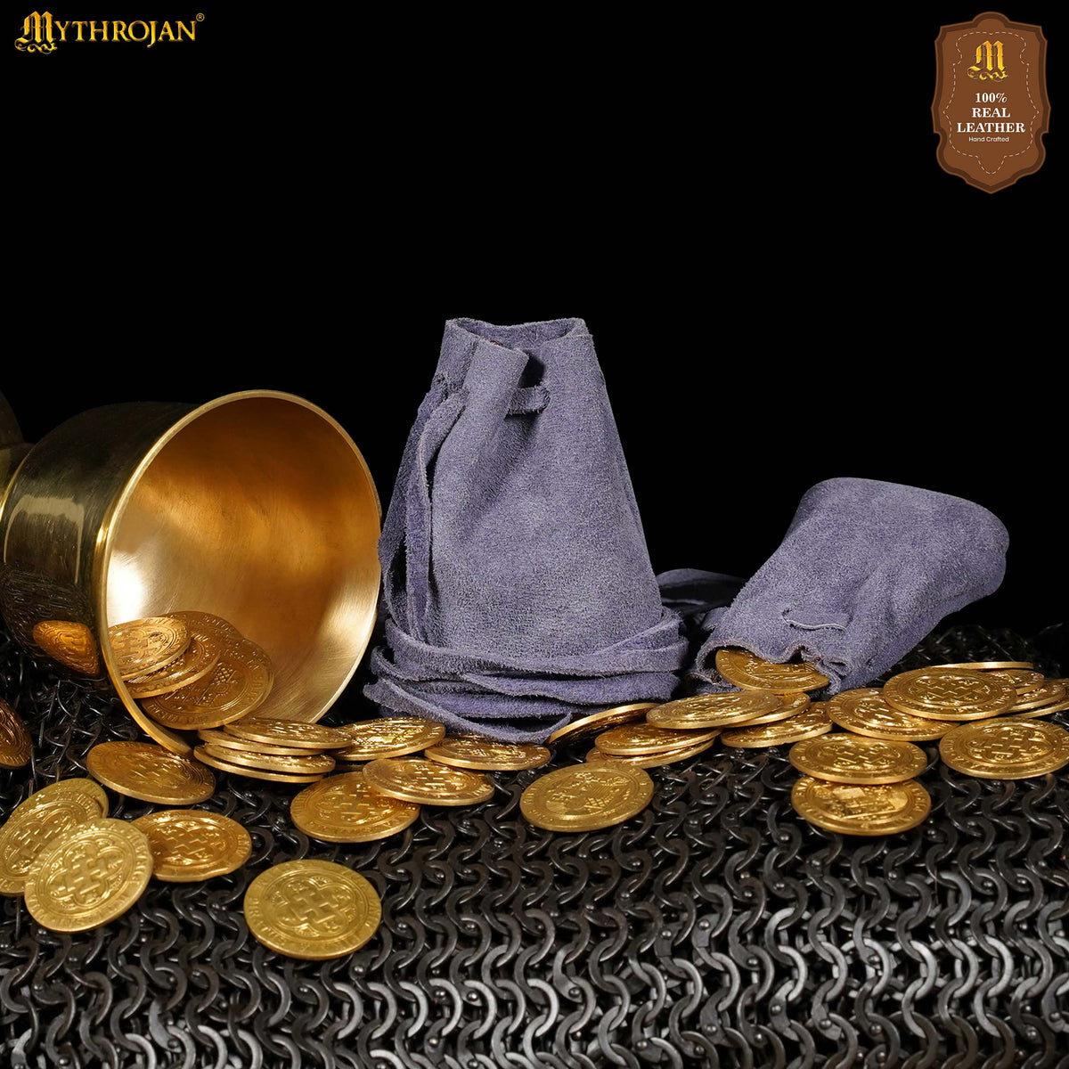 Mythrojan Pair of Medieval Drawstring Pouches, Ideal for SCA LARP Reenactment &amp; Ren fair - Suede Leather, Yellow
