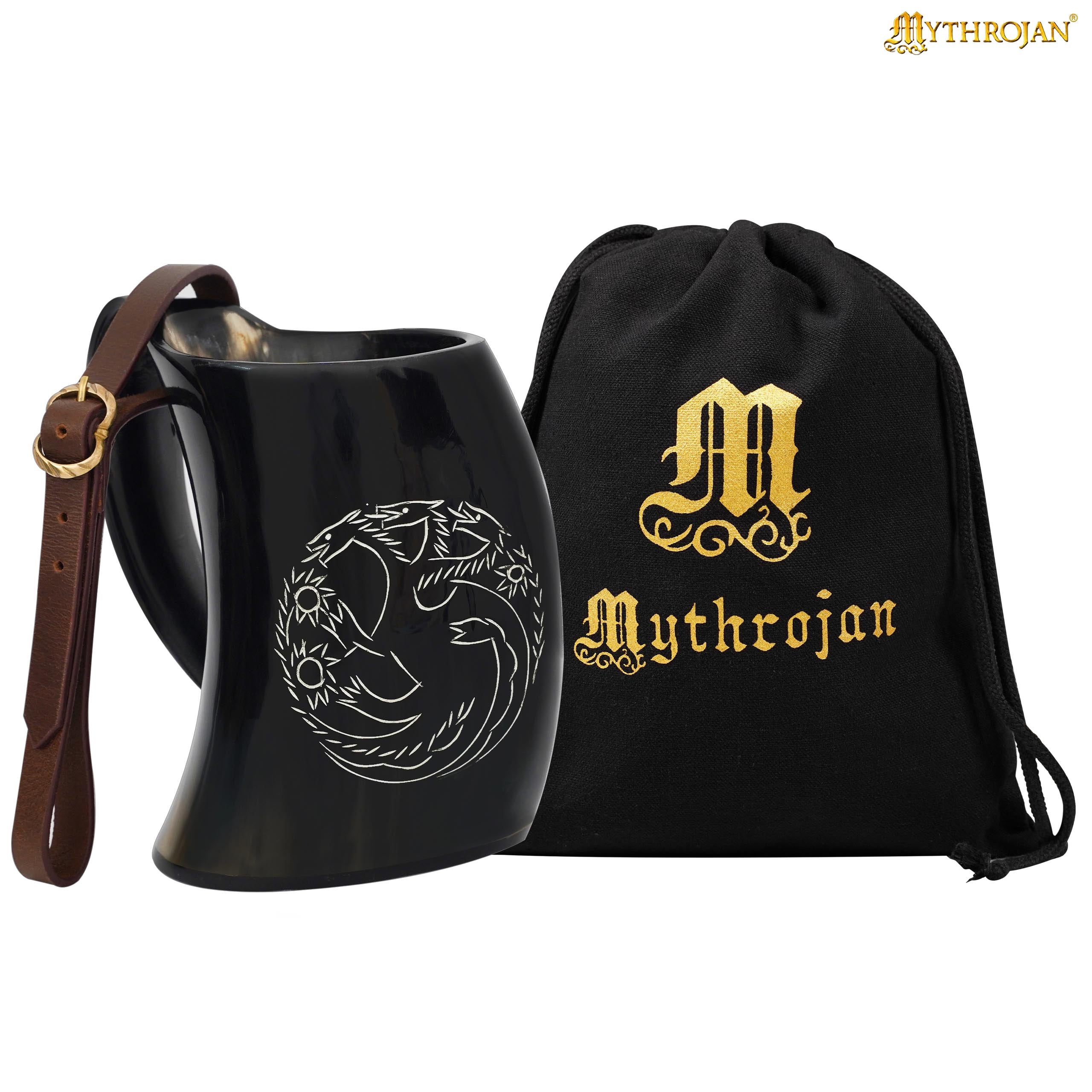 Mythrojan Tumbler Viking Drinking Cup with Handle &amp; Medieval Buckle Renaissance with Leather Strap - Dragon