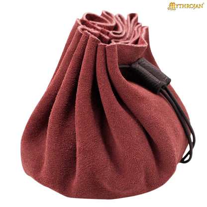 Mythrojan “ Gold and Dice ” Medieval Drawstring Bag, Ideal for SCA LARP Reenactment &amp; Ren fair - Suede Leather Pouch, Wine Red 3.5"