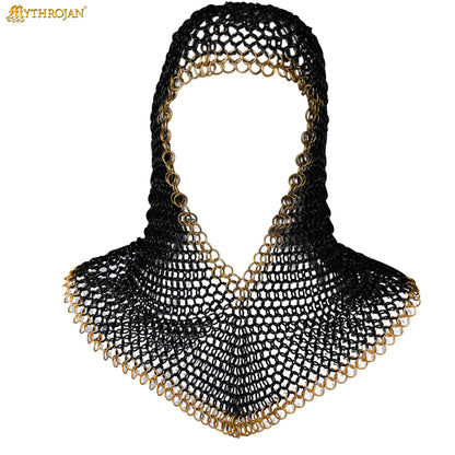 Mythrojan Medieval Chainmail Coif Butted Mild Steel and Solid Brass, Medieval SCA Reenactments Medieval Events, Black Finish with Solid Brass Edges, L