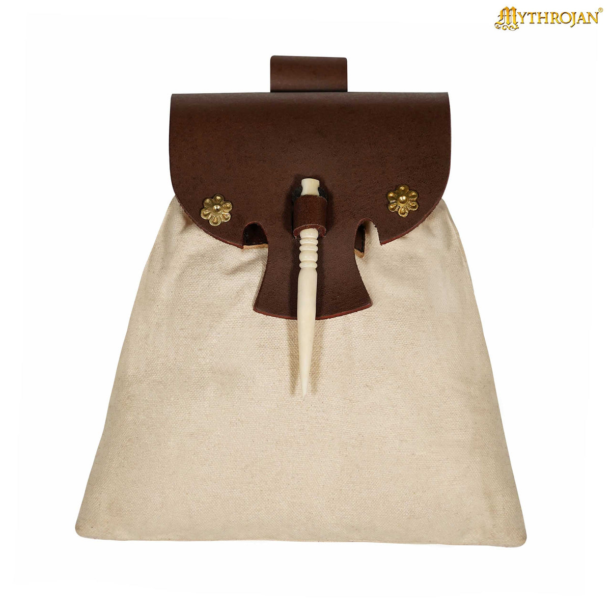 Mythrojan “Gold and Dice” Medieval Fantasy Belt Bag with Bone Needle Closure, Ideal for SCA LARP reenactment &amp; Ren fair, Brown, 7”×7”