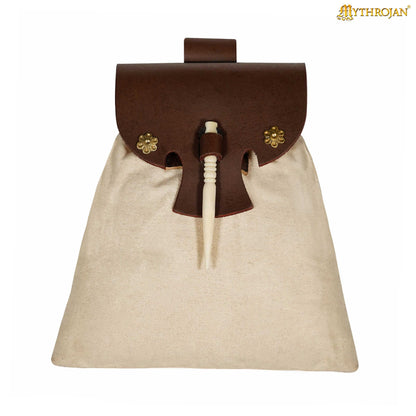 Mythrojan “Gold and Dice” Medieval Fantasy Belt Bag with Bone Needle Closure, Ideal for SCA LARP reenactment &amp; Ren fair, Brown, 7”×7”