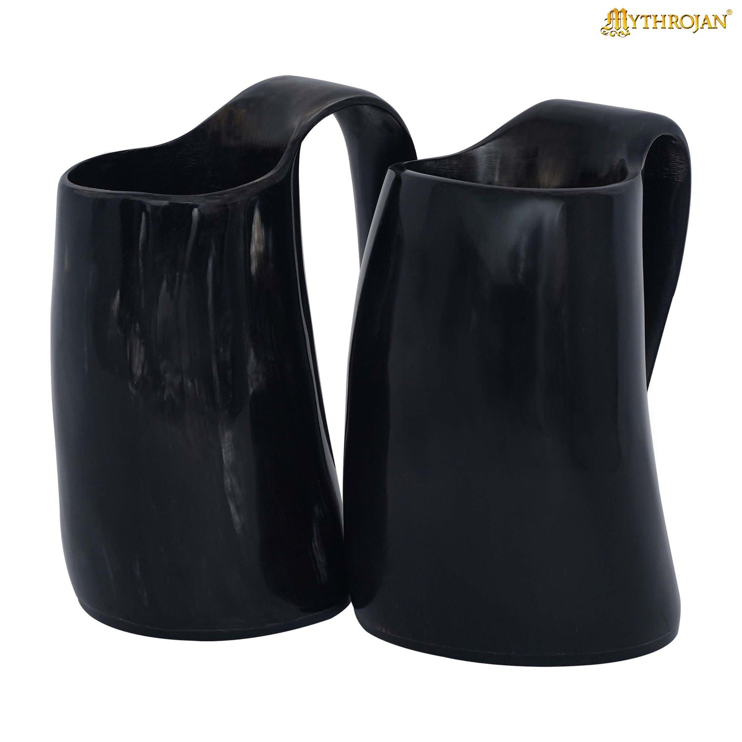 Mythrojan Black Viking Horn Ale Mug, Medieval Knight Renaissance Mead Ale Larp Cosplay Horn Tankard Set of 2