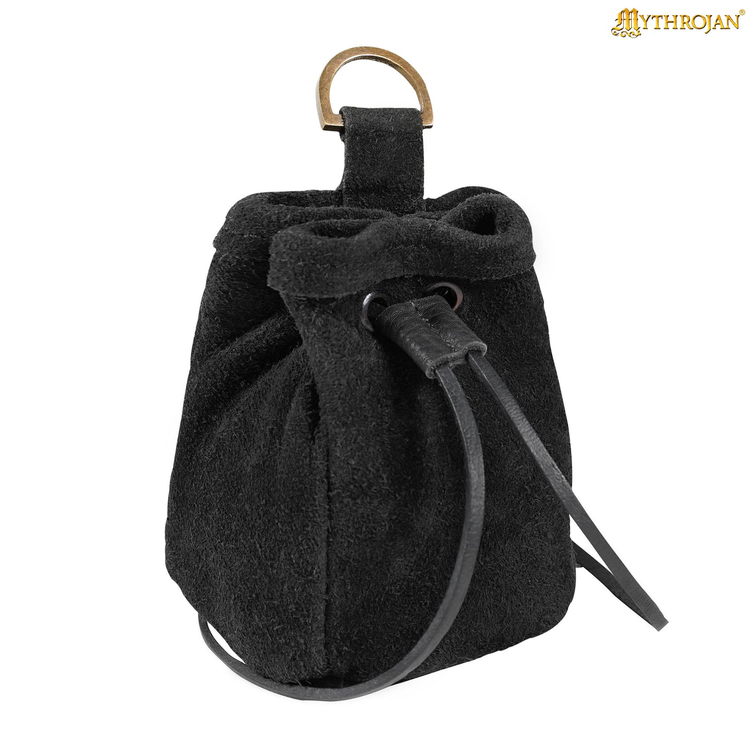 Mythrojan Medieval Drawstring Belt Bag, Ideal for SCA LARP Reenactment &amp; Ren fair , Suede Leather , Black