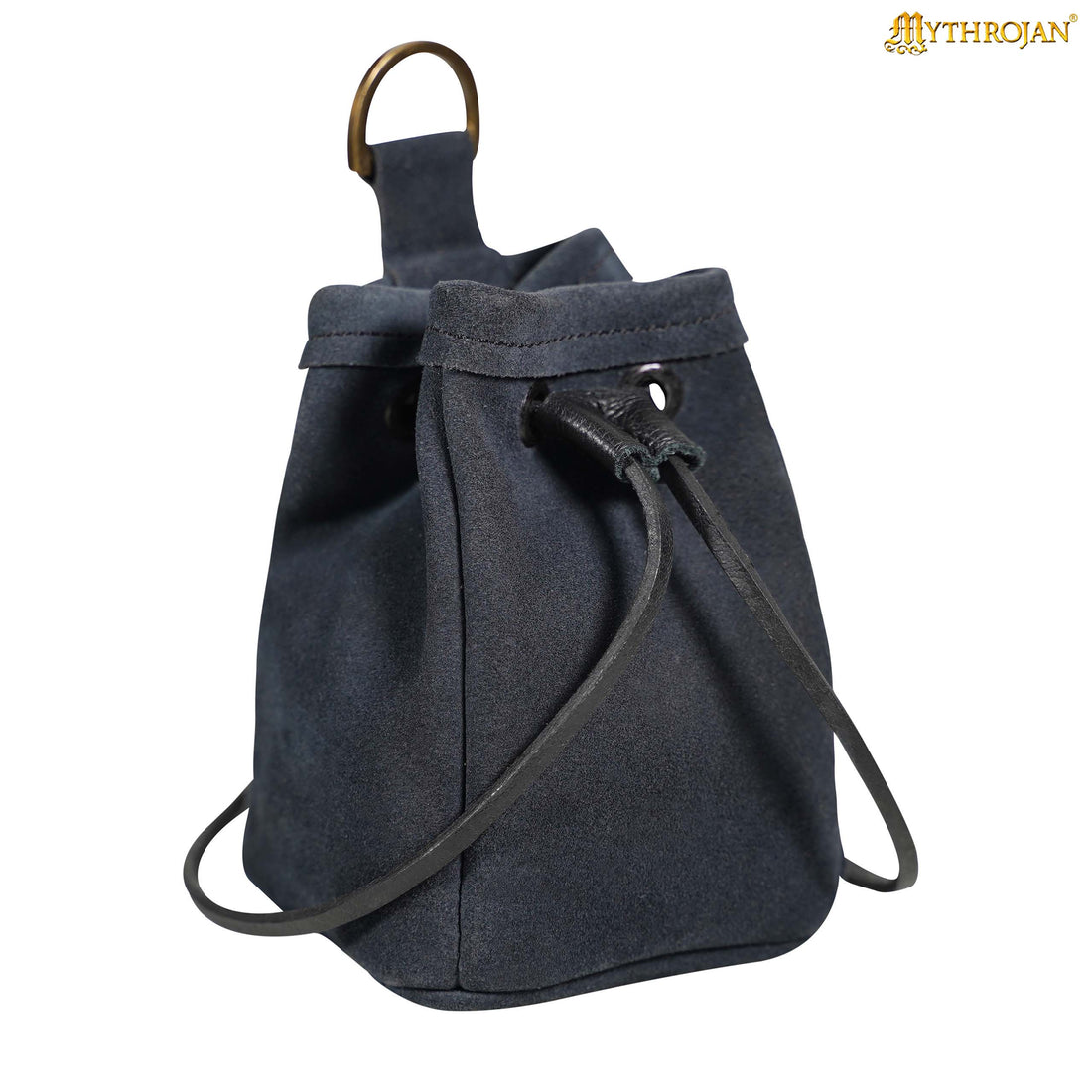 Mythrojan Medieval Drawstring Belt Bag, ideal for SCA LARP reenactment &amp; Ren fair, Suede Leather, Midnight Navy Blue, 5”×4”