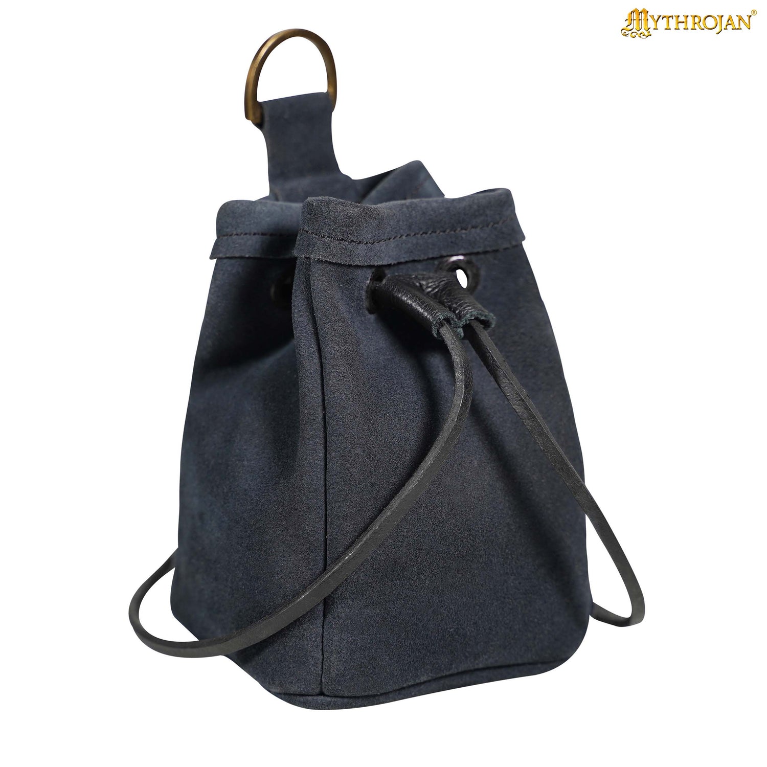 Mythrojan Medieval Drawstring Belt Bag, ideal for SCA LARP reenactment &amp; Ren fair, Suede Leather, Midnight Navy Blue, 5”×4”