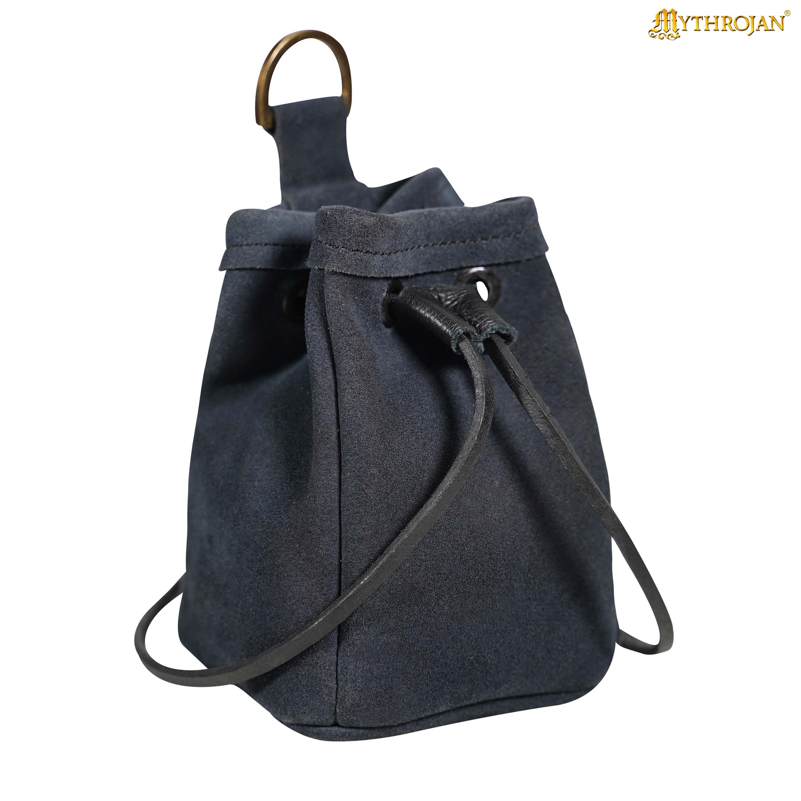 Mythrojan Medieval Drawstring Belt Bag, ideal for SCA LARP reenactment &amp; Ren fair, Suede Leather, Midnight Navy Blue, 5”×4”
