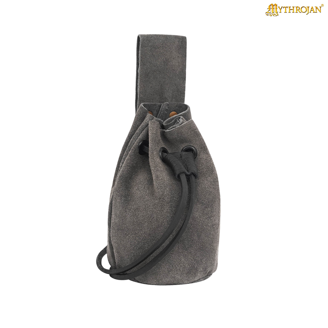 Mythrojan Medieval Drawstring Belt Bag, Ideal for SCA LARP Reenactment &amp; Ren Fair, Suede Leather, Grey 6”×5”