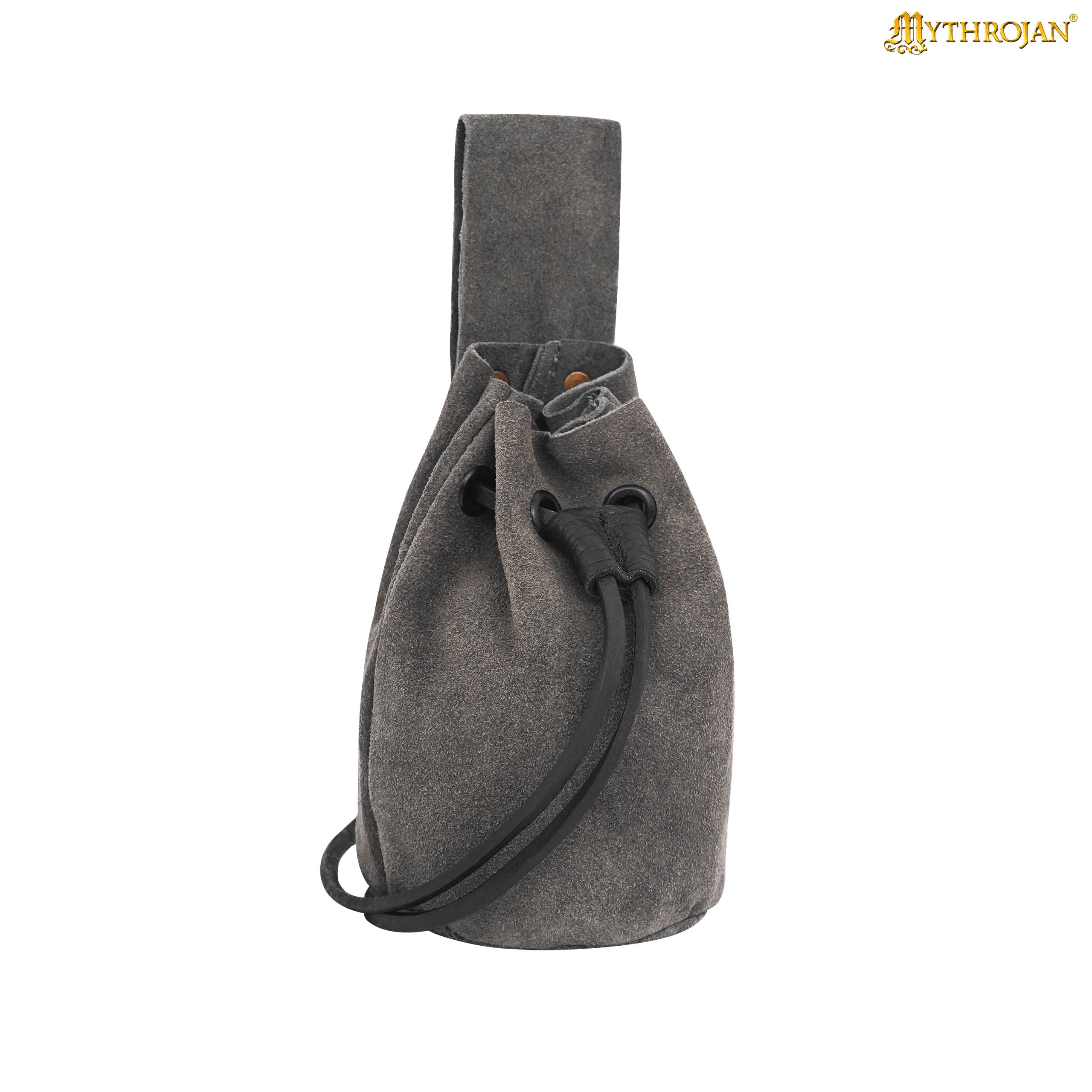 Mythrojan Medieval Drawstring Belt Bag, Ideal for SCA LARP Reenactment &amp; Ren Fair, Suede Leather, Grey 6”×5”