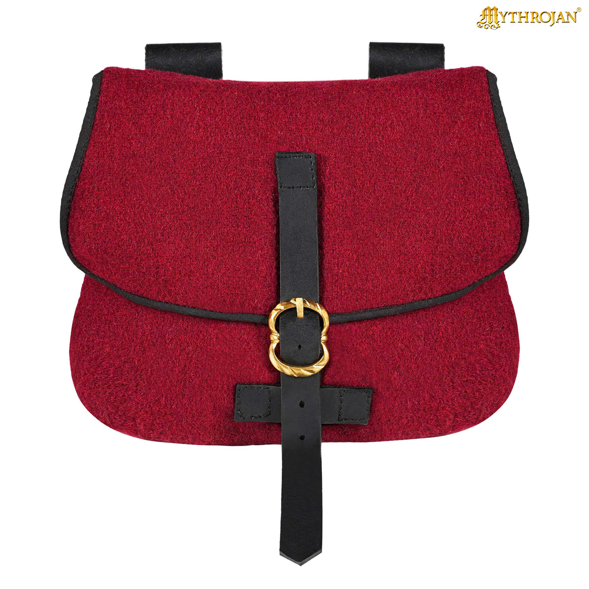 Mythrojan Late Medieval Belt Bag, Ideal for SCA LARP Reenactment &amp; Ren fair, Full Grain Leather and Wool , Green , 6.2 ”× 7 ”