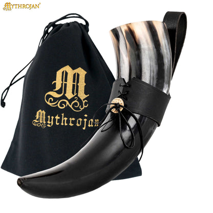 Mythrojan Viking Drinking Horn with Black Leather Holder Authentic Drinking Horn Norse Beer Horn Drinking Horn , 500ml