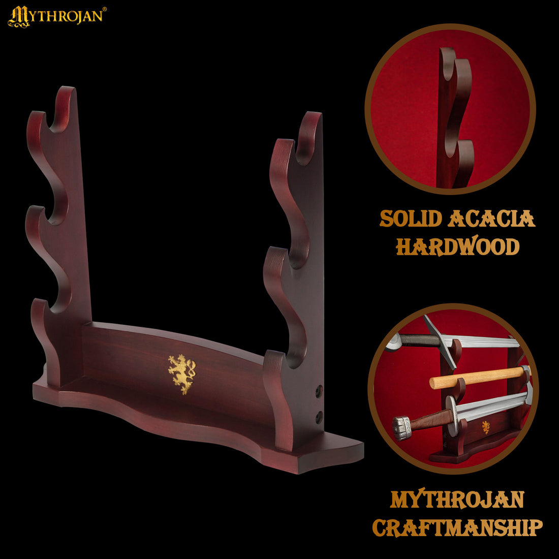 Mythrojan Solid Wood Sword Stand Medieval Sword Wall Mount Samurai Sword Display Stand Katana Sword Holder Gladiator Sword Wall Display Crusader Sword Stand Knife Stand for Display - Three Tier Sand 17" x 14"