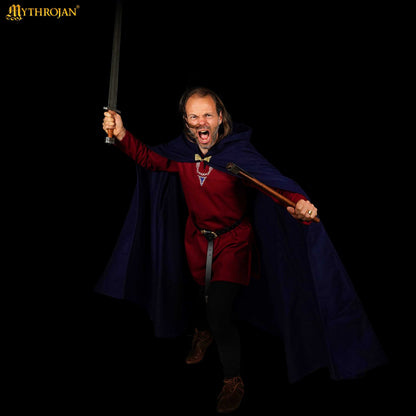Mythrojan Woolen Hooded Cloak/Cape with BRASS BROOCH Medieval Wool Cape for Ranger LARP SCA Cosplay, Navy Blue, Large