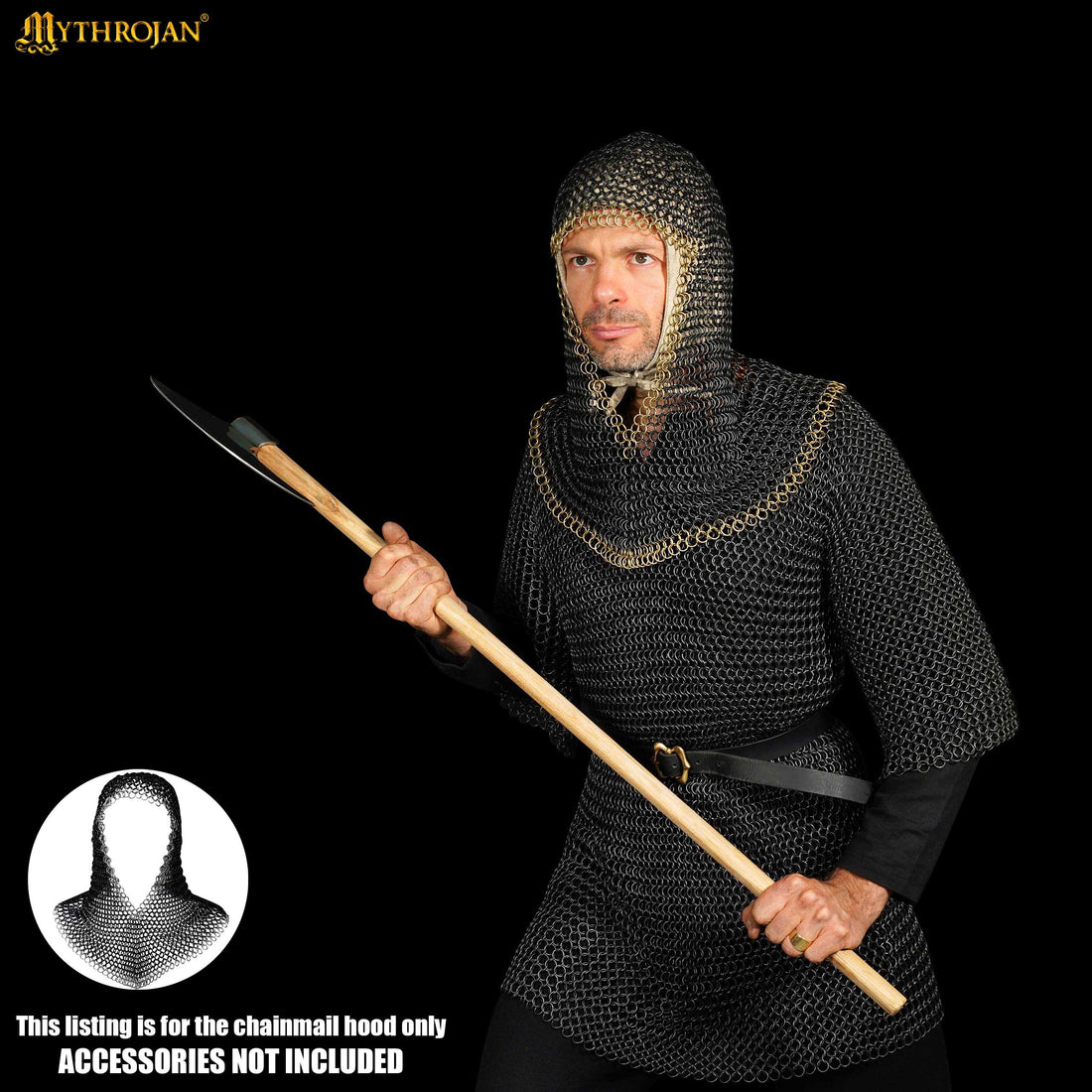 Mythrojan Medieval Chainmail Coif Butted Mild Steel and Solid Brass, Medieval SCA Reenactments Medieval Events, Black Finish with Solid Brass Edges, L