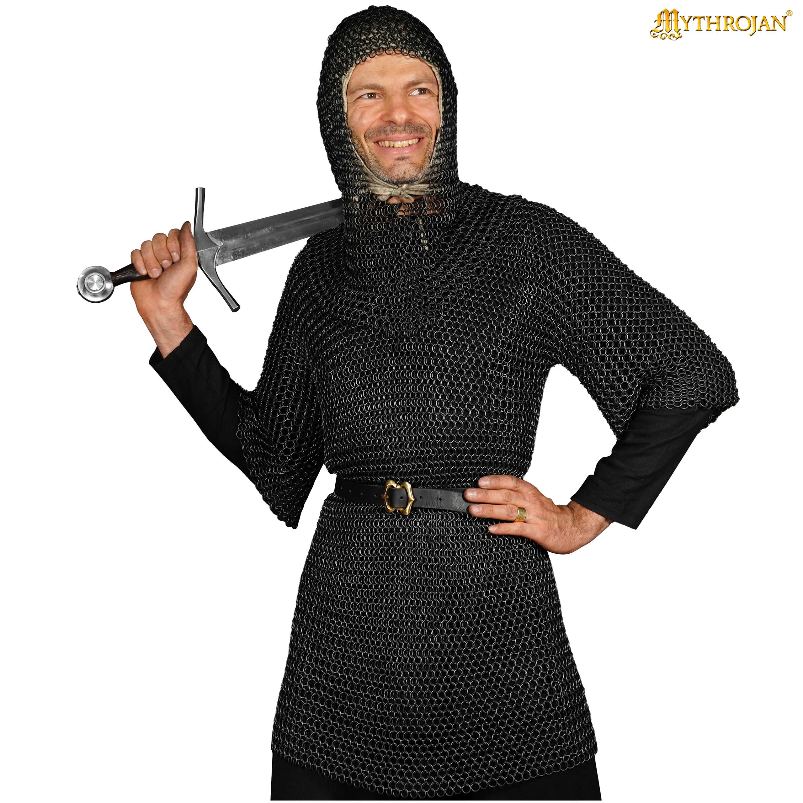 Mythrojan Medieval Chainmail Coif Butted Mild Steel, Medieval SCA Reenactments Medieval Events, Black Finish, L