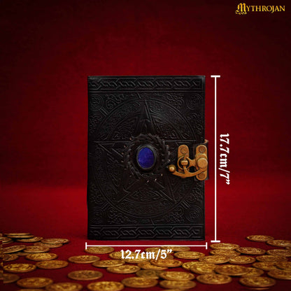 Mythrojan Vintage Antique Leather Journal with Semi Precious Stone Black Pentagram Star Design - Book of Shadows, Grimoire Journal, for Men and Women - 7 x 5 Inch