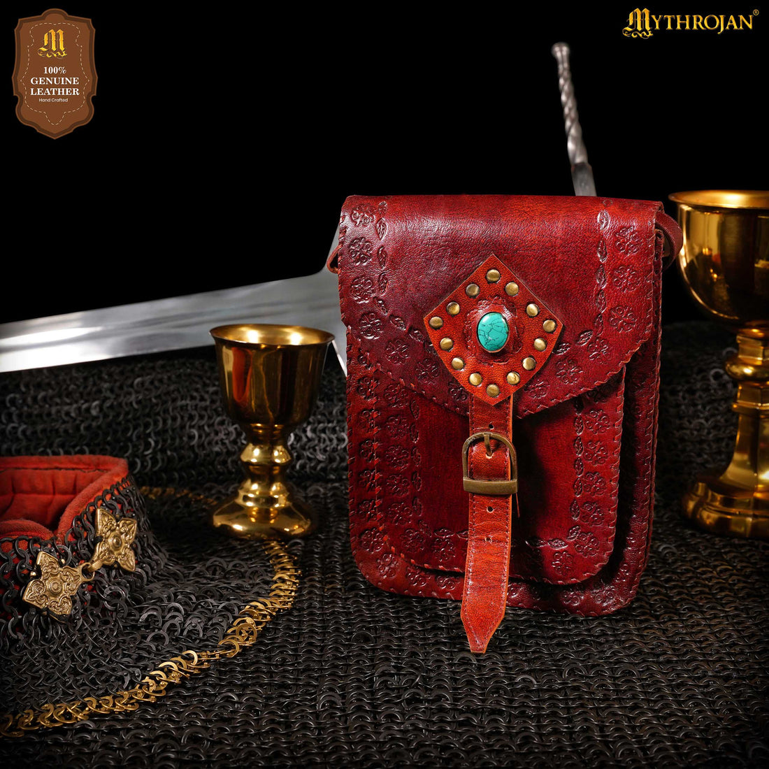 MYTHROJAN “SORCERESS FROM THE EAST” MEDIEVAL Sling Bag ideal for enchantress, LARP mage, D&amp;D wizard, Witcher cosplay, Maroon 10" x 7”