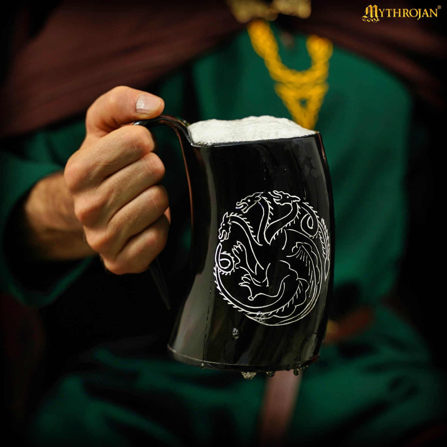 Mythrojan Tumbler Viking Drinking Cup with Handle &amp; Medieval Buckle Renaissance with Leather Strap - Dragon