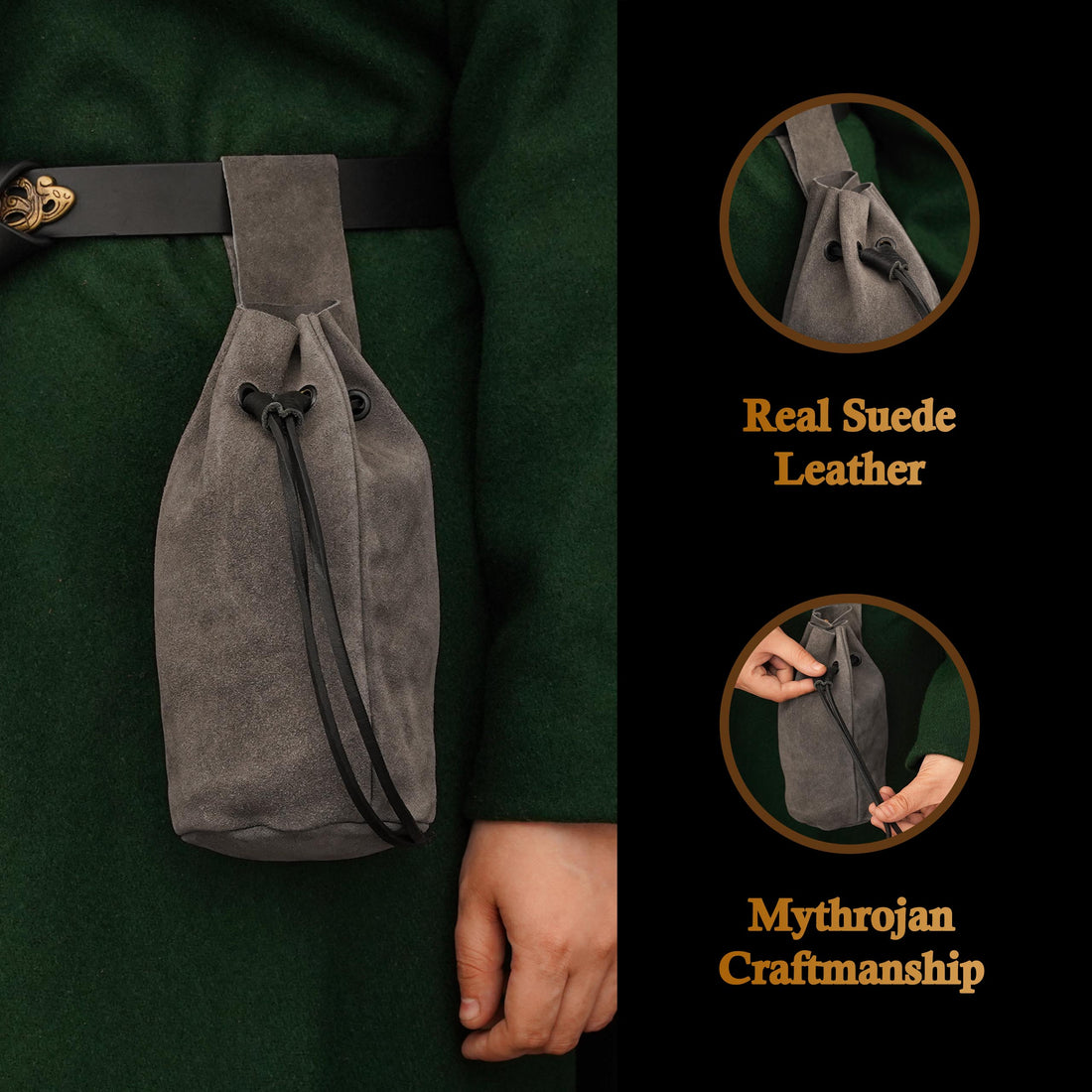 Mythrojan Medieval Drawstring Belt Bag, Ideal for SCA LARP Reenactment &amp; Ren Fair, Suede Leather, Grey, 8”×6.5”