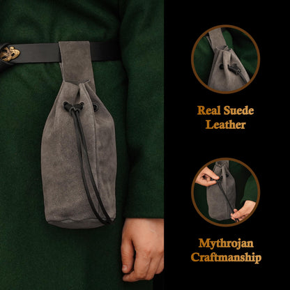 Mythrojan Medieval Drawstring Belt Bag, Ideal for SCA LARP Reenactment &amp; Ren Fair, Suede Leather, Grey, 8”×6.5”