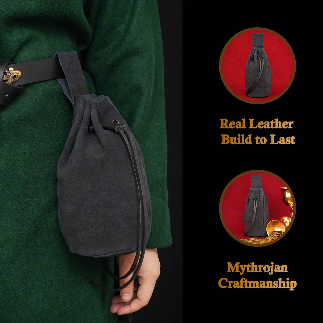 Mythrojan Medieval Drawstring Belt Bag, Ideal for SCA LARP  Reenactment &amp; Ren fair , Suede Leather , Midnight Navy blue 8” ×6.5 ”