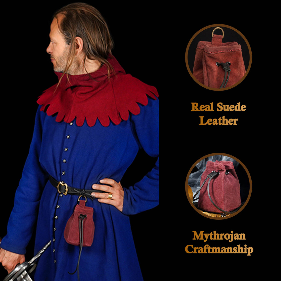 Mythrojan Medieval Drawstring Belt Bag, ideal for SCA LARP reenactment &amp; Ren fair, Suede Leather, Burgundy, 5”×4”