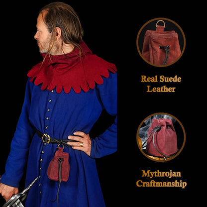 Mythrojan Medieval Drawstring Belt Bag, ideal for SCA LARP reenactment &amp; Ren fair, Suede Leather, Burgundy, 5”×4”