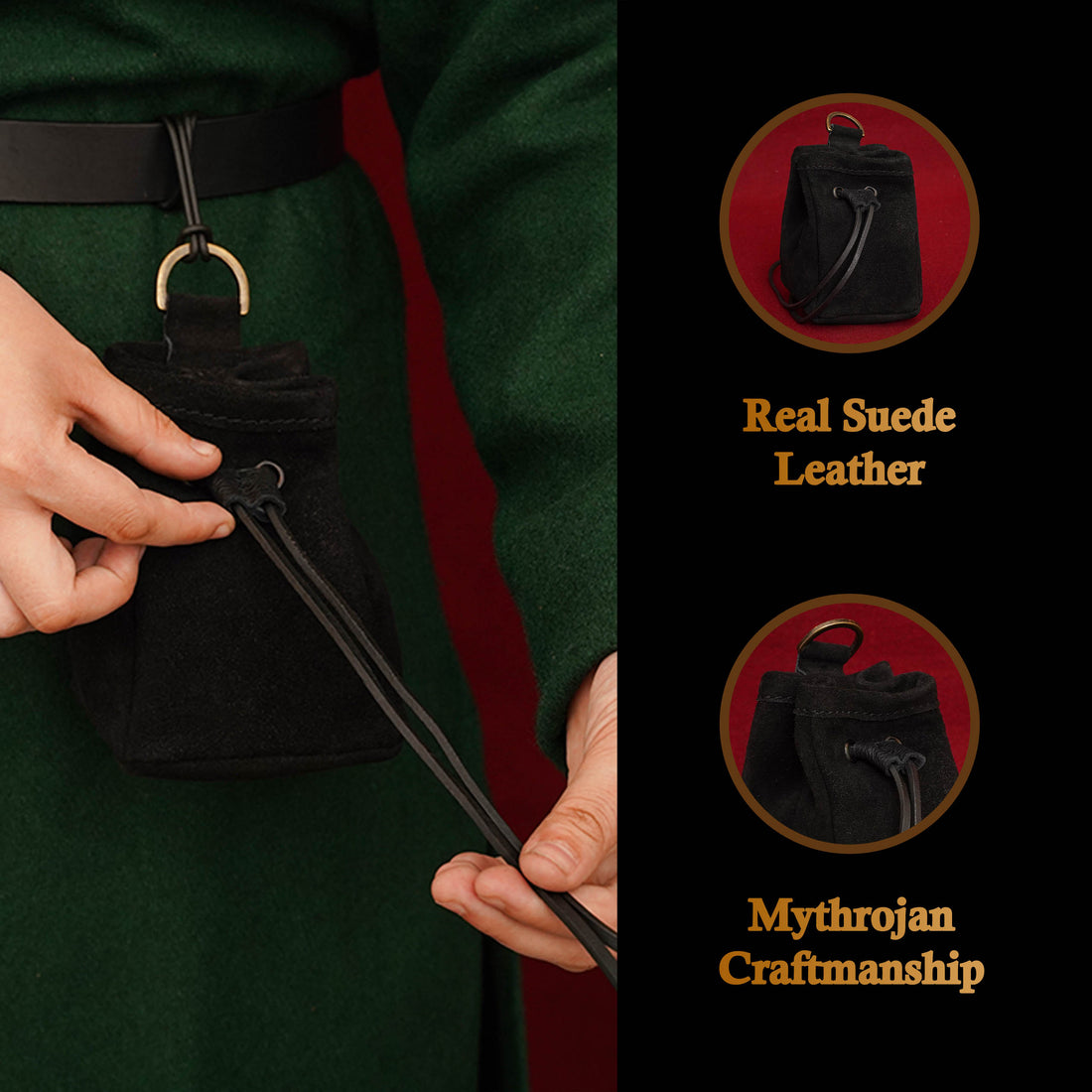 Mythrojan Medieval Drawstring Belt Bag, Ideal for SCA LARP Reenactment &amp; Ren fair , Suede Leather , Black