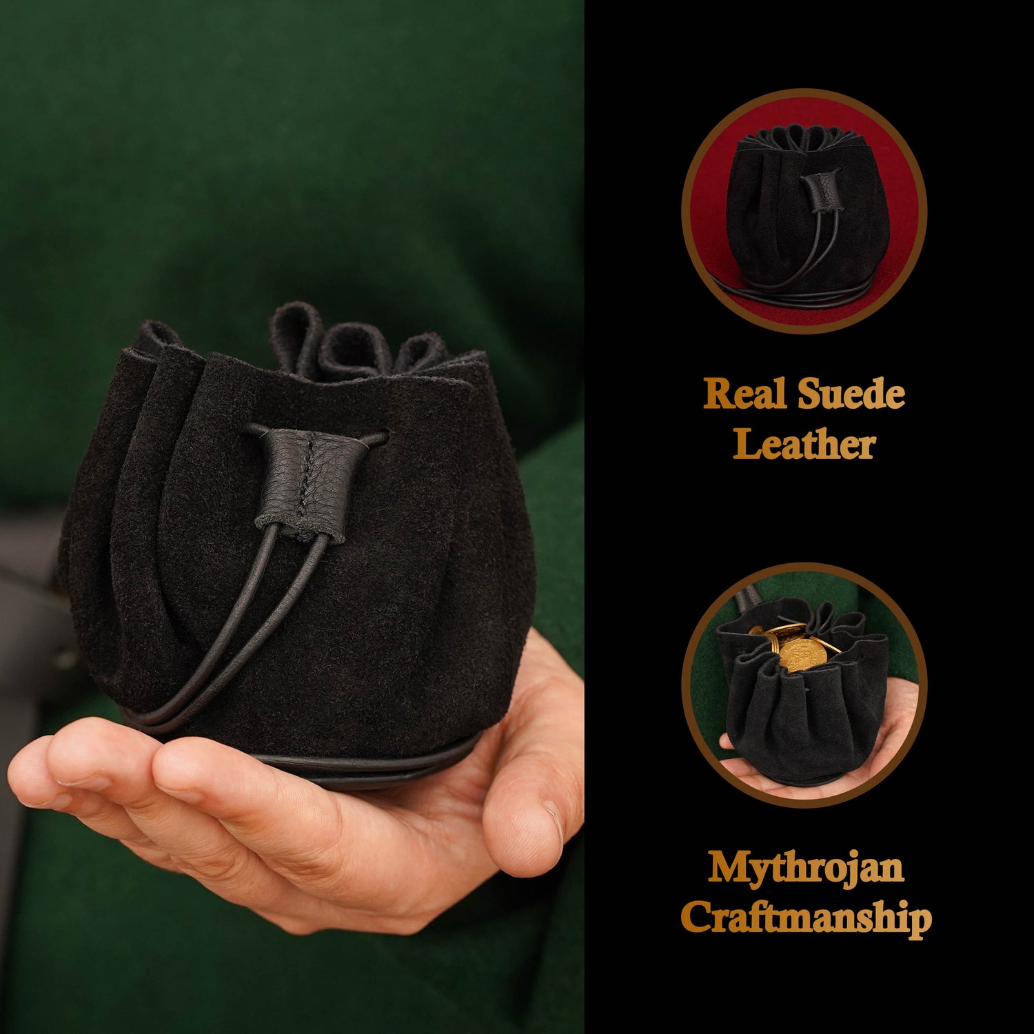 Mythrojan “Gold and Dice” Medieval Drawstring Bag, Ideal for SCA LARP Reenactment &amp; Ren Fair-Suede Leather Pouch, Deep Black 2.5”