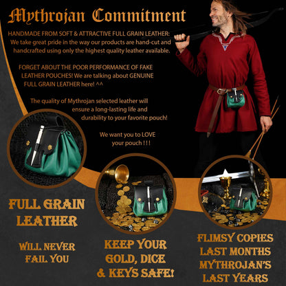 Mythrojan “ Gold and Dice ” Medieval Fantasy Belt Bag with Bone Needle Closure, Ideal for SCA LARP Reenactment &amp; Ren fair, Green, 3.5”