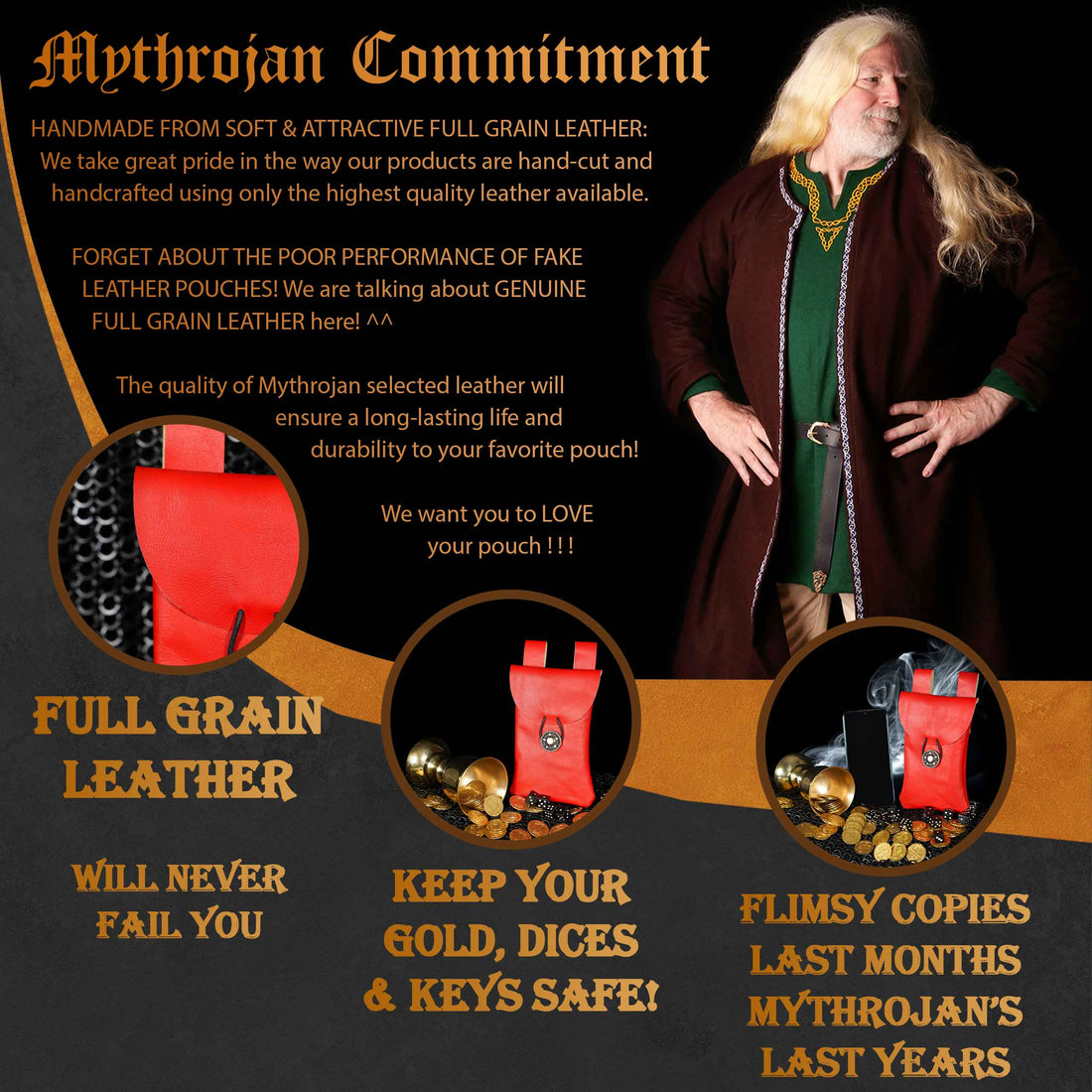 Mythrojan Leather Belt Bag, Ideal for SCA LARP Reenactment &amp; Ren fair, Full Grain Leather, Red , 7.2 ”× 4.7 ”