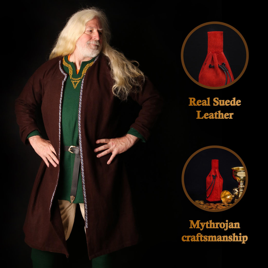 Mythrojan Medieval Drawstring Belt Bag, Ideal for SCA LARP Reenactment &amp; Ren Fair, Suede Leather, Cherry 8”×6.5”