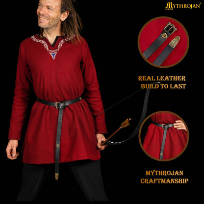 Mythrojan “Laguerta” Viking Leather Belt with Solid Brass historical Buckle and Chape, Ideal for shieldmaiden &amp; warrior in LARP SCA Medieval Reenactment, BLACK