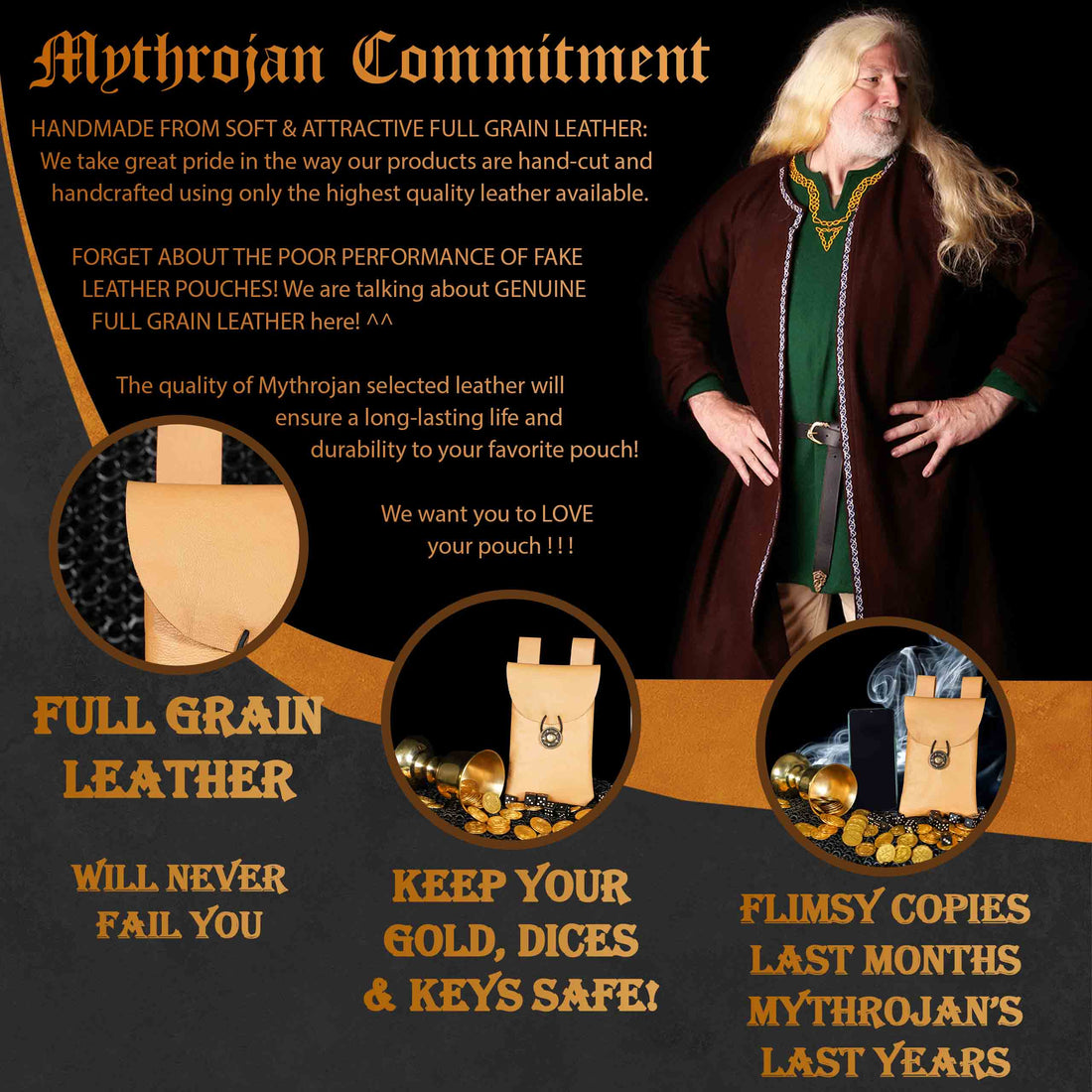 Mythrojan Leather Belt Bag, Ideal for SCA LARP Reenactment &amp; Ren fair, Full Grain Leather, Natural , 7.2 ”× 4.7 ”