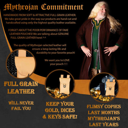 Mythrojan Leather Belt Bag, Ideal for SCA LARP Reenactment &amp; Ren fair, Full Grain Leather, Natural , 7.2 ”× 4.7 ”