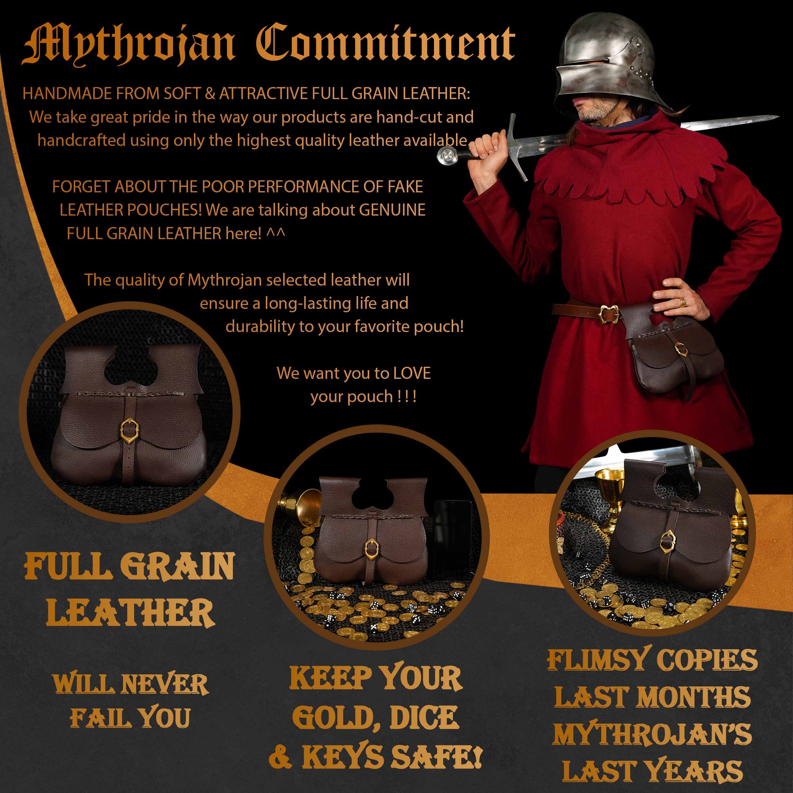 Mythrojan Classic Medieval Belt Bag with Solid Brass Buckle, Ideal for SCA LARP Reenactment &amp; Ren Fair, Full Grain Leather, Brown 8.5”×9”