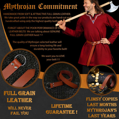 Mythrojan O - Ring Medieval Leather Belt, Ideal for LARP SCA Warrior Gothic Renaissance, Tan