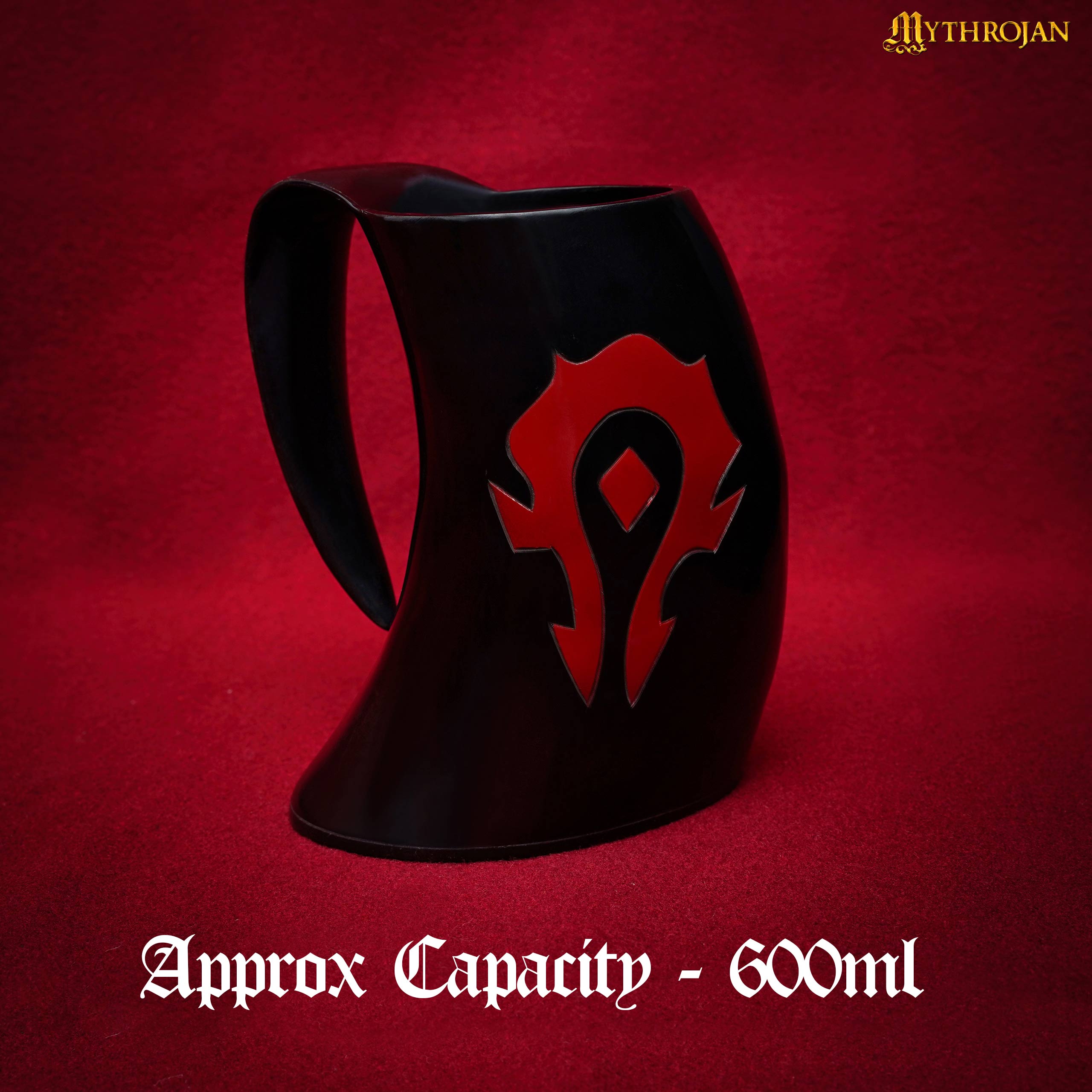 Mythrojan &quot;For the HORDE&quot; horn mug : Mead Ale Horn Tankard for Medieval Knight Renaissance LARP Cosplay BLACK, 600ml