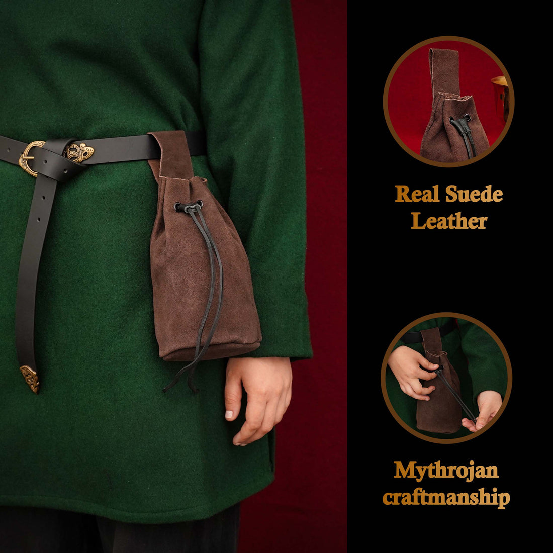 Mythrojan Medieval Drawstring Belt Bag, Ideal for SCA LARP Reenactment &amp; Ren fair , Suede Leather , Brown 8” ×6.5 ”
