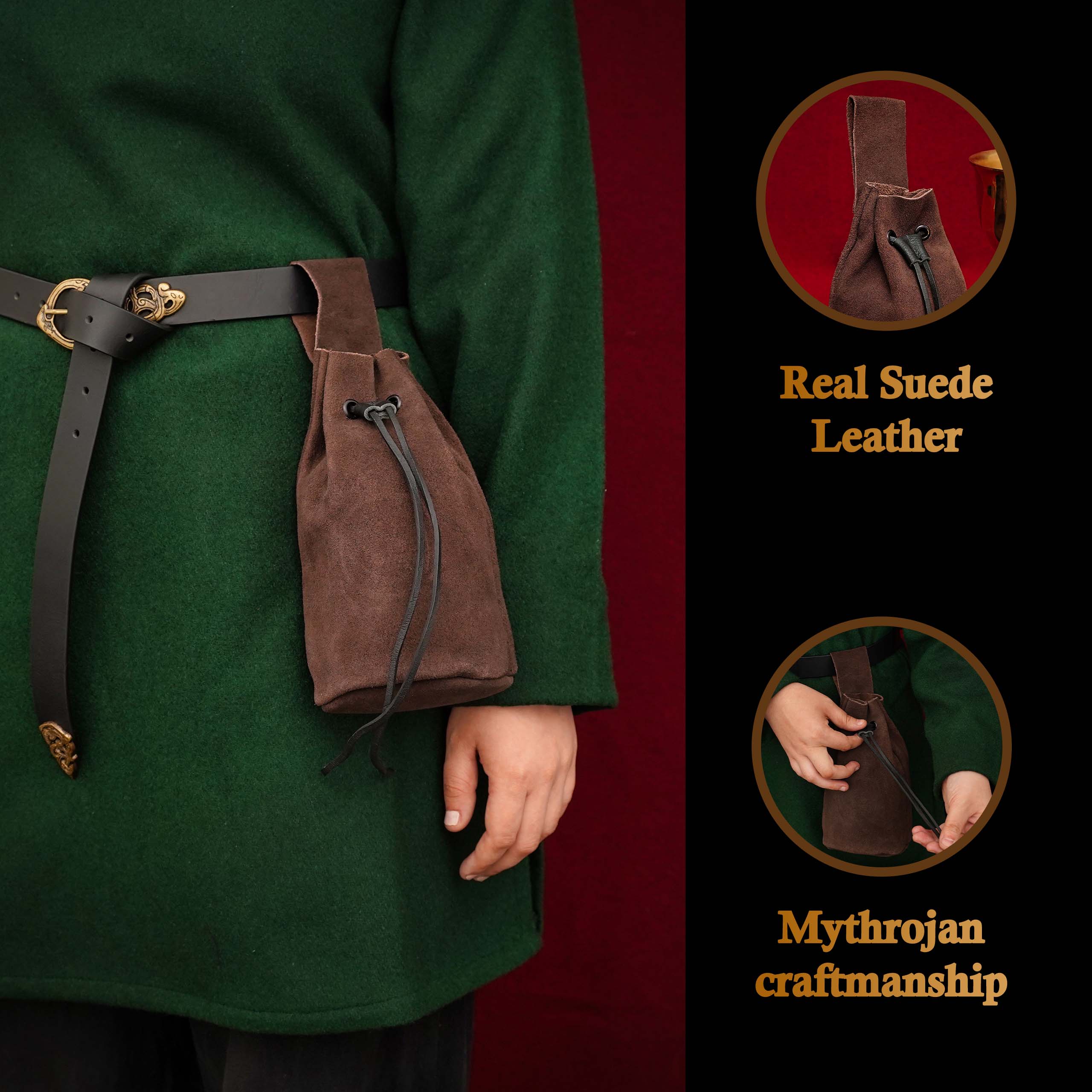 Mythrojan Medieval Drawstring Belt Bag, Ideal for SCA LARP Reenactment &amp; Ren fair , Suede Leather , Brown 8” ×6.5 ”