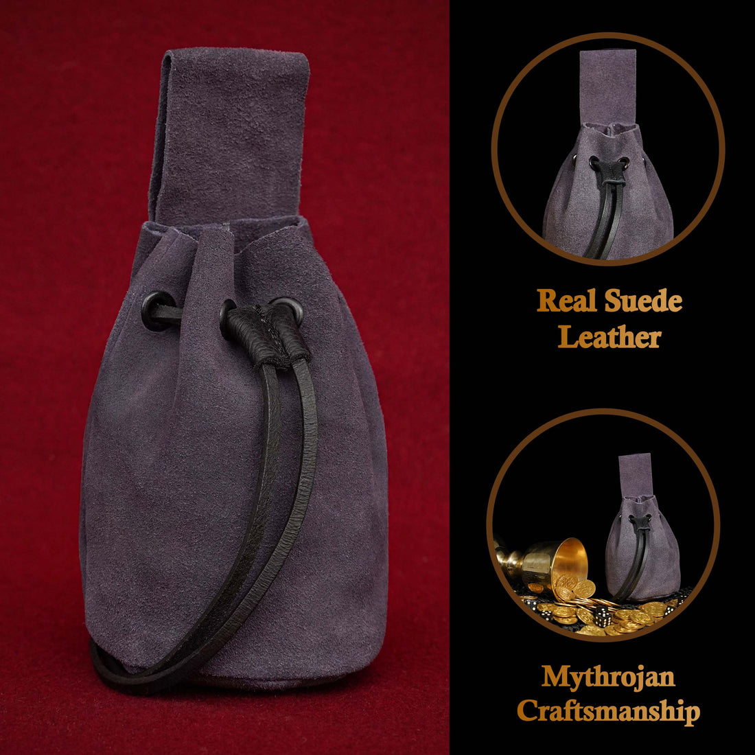 Mythrojan Medieval Drawstring Belt Bag, Ideal for SCA LARP Reenactment &amp; Ren Fair, Suede Leather, Blue 6”×5”