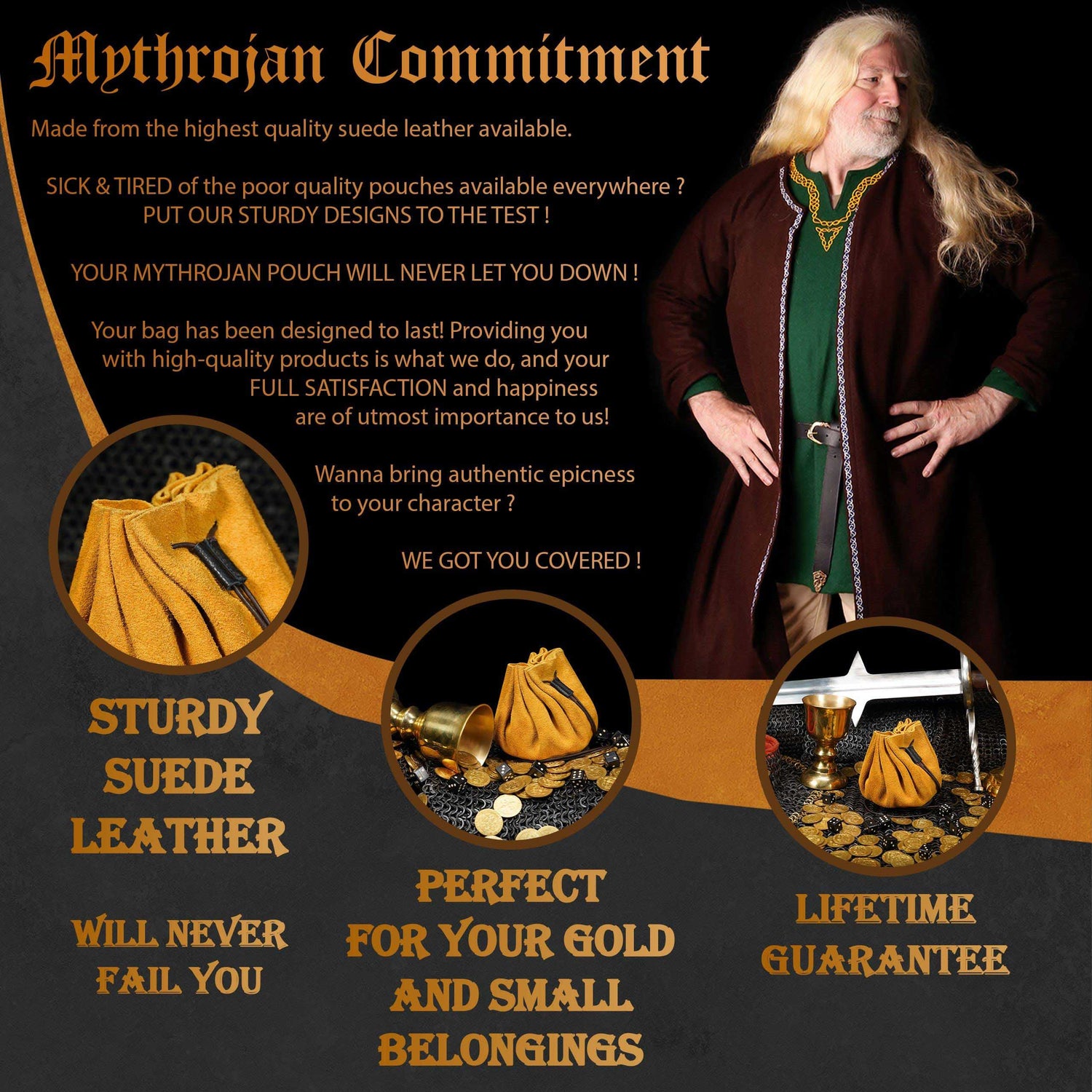 Mythrojan “ Gold and Dice ” Medieval Drawstring Pouch , Ideal for SCA LARP Reenactment &amp; Ren fair : Suede Leather Bag , 3.5”