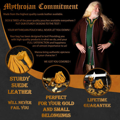 Mythrojan “ Gold and Dice ” Medieval Drawstring Pouch , Ideal for SCA LARP Reenactment &amp; Ren fair : Suede Leather Bag , 3.5”