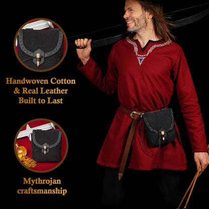 Mythrojan “The Adventurer’s” Belt Bag with Horn Toggle, Ideal for SCA LARP Reenactment &amp; Ren fair, Full Grain Leather and Handwoven Canvas , Black , 8” × 7”