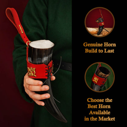 Mythrojan"THE ELEGANT LADY" Viking Drinking Horn with Leather Holder Authentic Medieval Inspired Viking Wine/Mead Mug - Polished Finish - 250 ML / Red