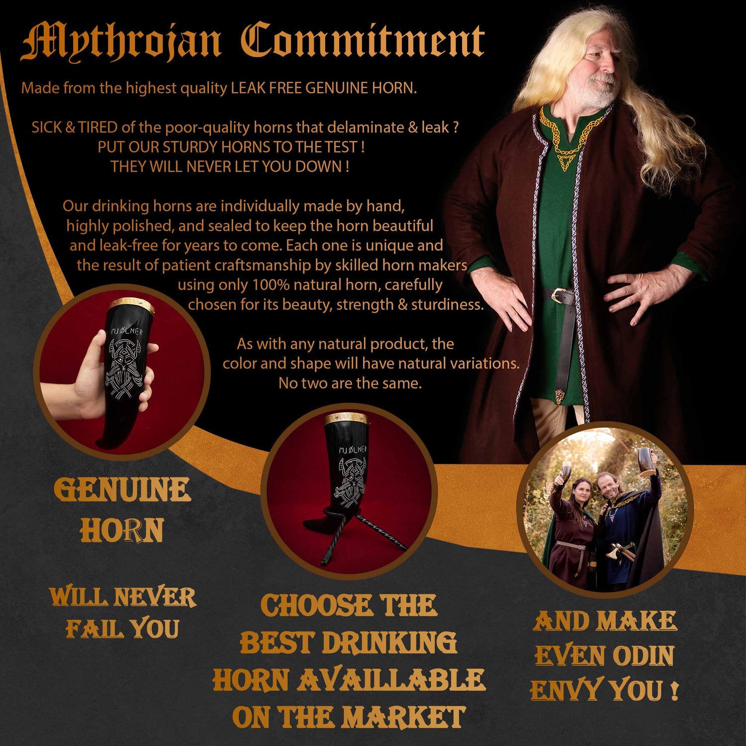 Mythrojan Viking Drinking Horn With Brass Rim &amp; Tip Authentic Medieval Inspired Wine/Mead 400 ML - Polished Finish