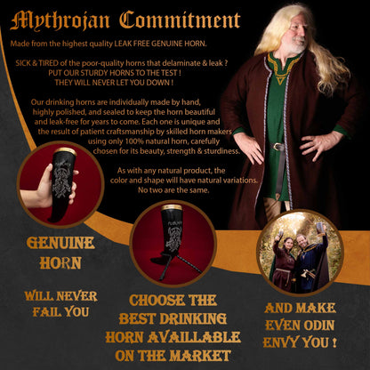 Mythrojan Viking Drinking Horn With Brass Rim &amp; Tip Authentic Medieval Inspired Wine/Mead 400 ML - Polished Finish