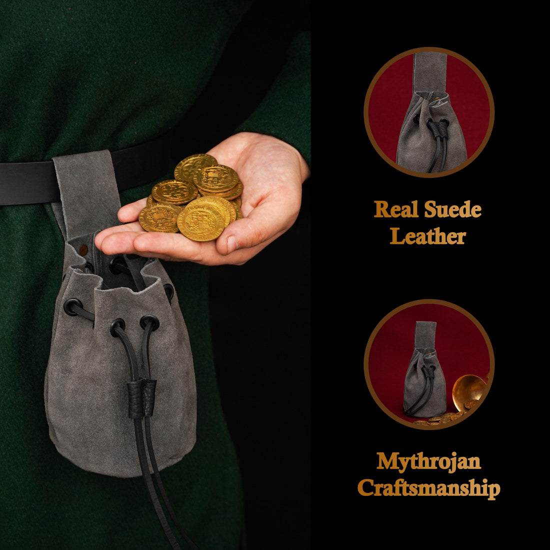 Mythrojan Medieval Drawstring Belt Bag, Ideal for SCA LARP Reenactment &amp; Ren Fair, Suede Leather, Grey 6”×5”